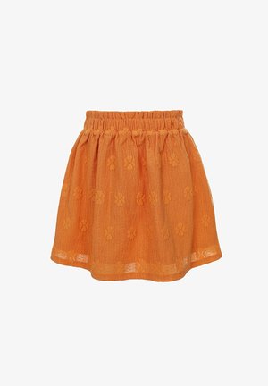 Jupe orange brodée avec une taille élastique, en tissu superposé et texturé arborant des motifs floraux sur toute sa surface.