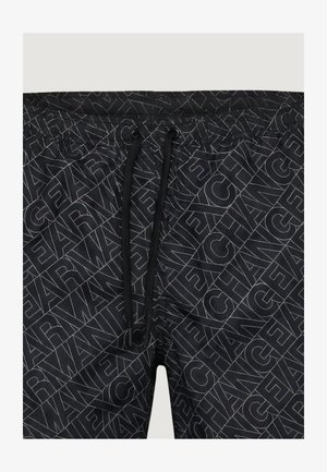 Pantaloncini da bagno neri con motivo di testo diagonale ripetuto con la scritta "ICEBERG" e coulisse nera in vita.