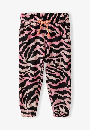 Joggingbyxor i rosa och svart zebramönster, tillverkade av mjukt tyg, med elastisk midja och justerbar dragsko med tofsar.