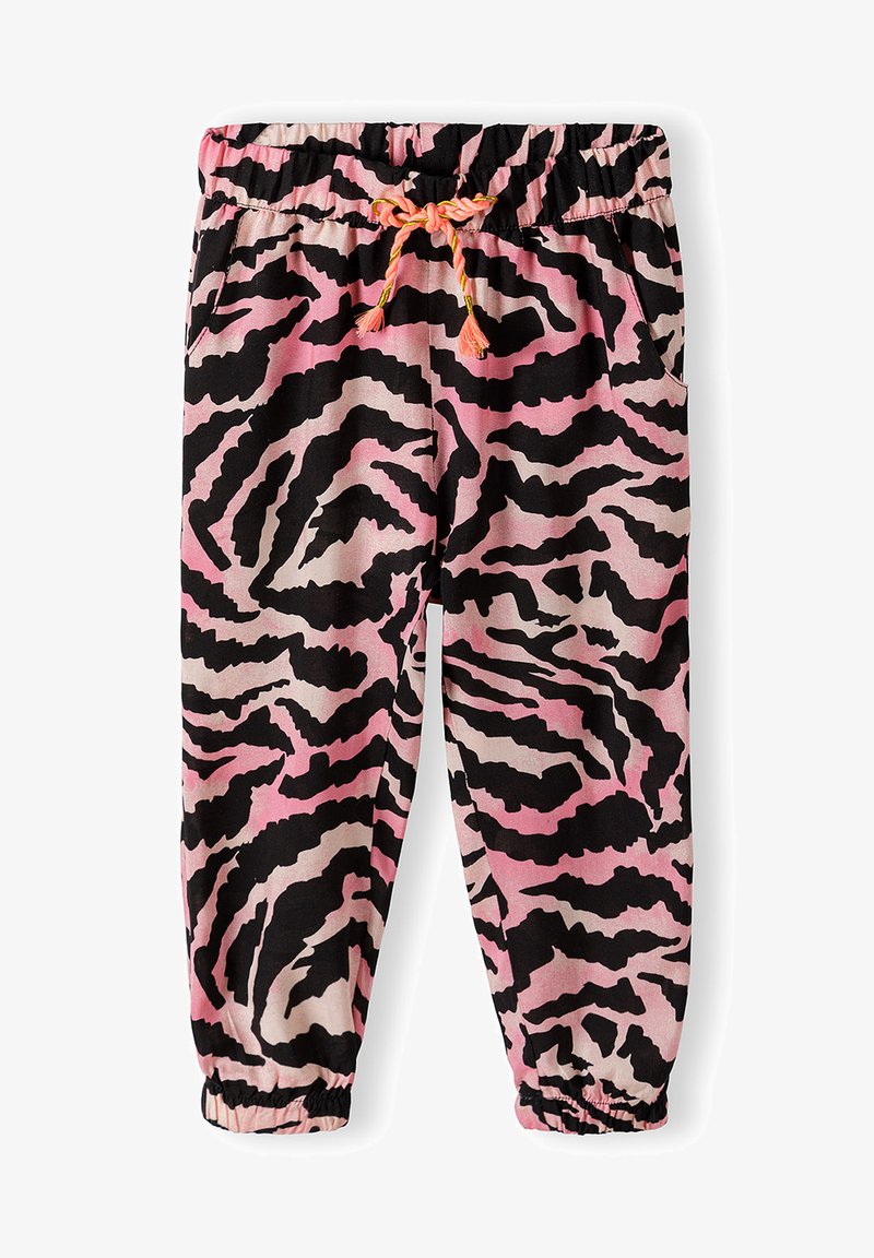 Rozā un melna zebra raksta sporta bikses, izgatavotas no mīksta auduma, ar elastīgu jostasvietu un regulējamu auklu ar bumbulīšiem.