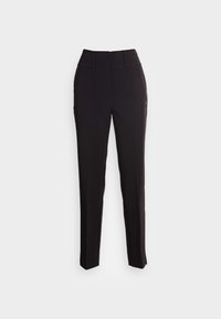 Svarta skräddarsydda byxor med hög midja, raka ben och slät yta. Inga synliga fickor eller mönster.