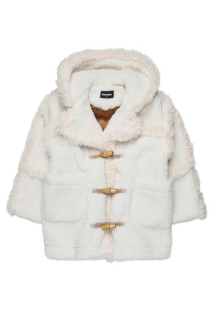 Cremfarbener Mantel aus strukturiertem Fleece, mit Kapuze, Toggle-Verschlüssen und zwei Fronttaschen, mit einer kontrastierenden braunen Innenseite.