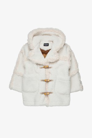 Kreemjas värvitoonis fliisist jope, millel on kapuuts, toggli sulgemised ja kaks eesmist taskut, kontrastse pruuni sisekattega.