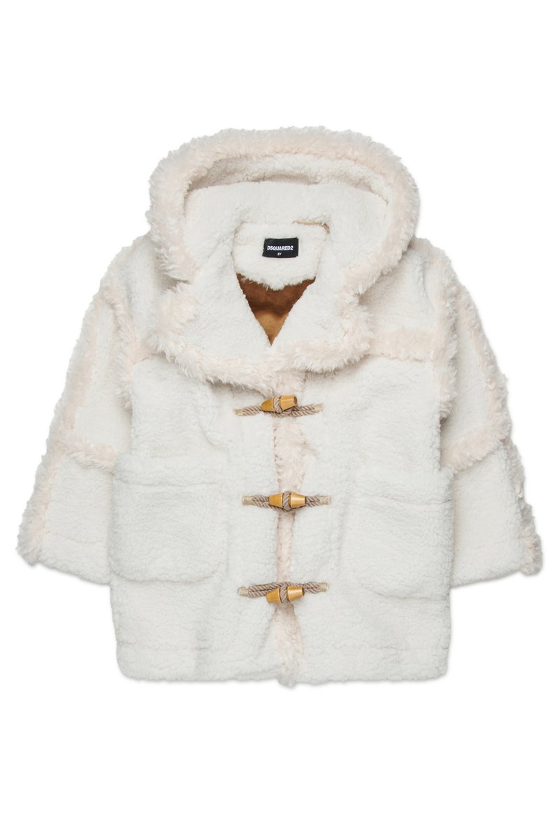 Cream-colored coat made of textured fleece, featuring a hood, toggle closures, and two front pockets, with a contrasting brown inner lining.