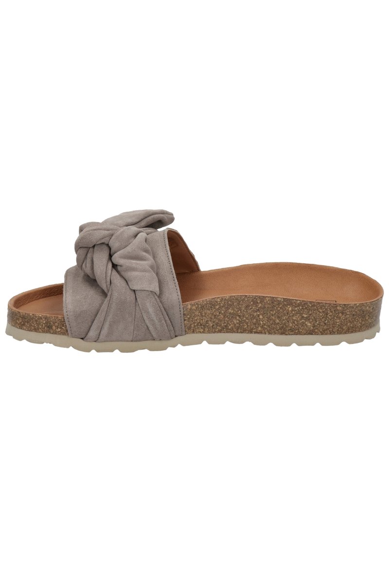 Gray suede slide sandal with a knotted front design, cork midsole, and rubber outsole featuring a textured pattern for traction.