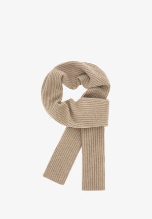 Écharpe en tricot côtelé beige avec une texture douce, arborant un design symétrique et une largeur uniforme, repliée en boucle.