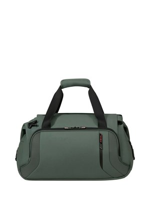 Rectangular green duffel bag with black handles, zippered front pocket, side compartments, and a padded grip on top handles.