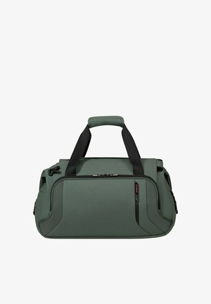 Rechteckige grüne Reisetasche mit schwarzen Griffen, vorderer Reißverschlusstasche, Seitentaschen und gepolstertem Griff an den oberen Griffen.