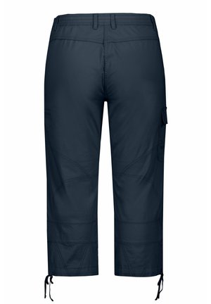 Navy blue cargo pants with an elastic waistband, side pockets, and adjustable drawstrings at the ankle. Smooth, lightweight fabric.
