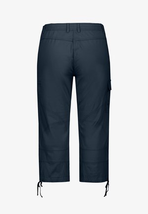 Marineblauwe cargobroek met een elastische tailleband, zijzakken en verstelbare touwtjes bij de enkels. Soepele, lichtgewicht stof.