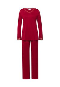 Set di pigiama rosso a maniche lunghe con scollo a V e bordo in pizzo, accompagnato da pantaloni abbinati. Realizzato in tessuto morbido con una vestibilità comoda.