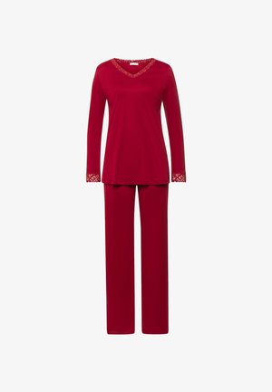 Rode pyjama set met lange mouwen, featuring een V-hals met kantafwerking en bijpassende broek. Gemaakt van zachte stof met een ontspannen pasvorm.