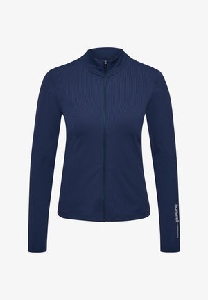 Marineblaue Sportjacke mit langen Ärmeln, hohem Kragen und Frontreißverschluss. Texturierten Stoff mit einem Logo-Akzent am linken Ärmel.