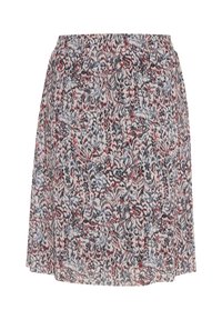 Jupe à motif floral avec une taille élastique. Les couleurs incluent rouge, bleu et crème. Tissu léger avec une texture douce.