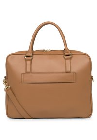 Borsa per laptop in pelle tan con doppi manici superiori e una tracolla removibile. Presenta una texture liscia e una tasca a scomparsa sul retro.