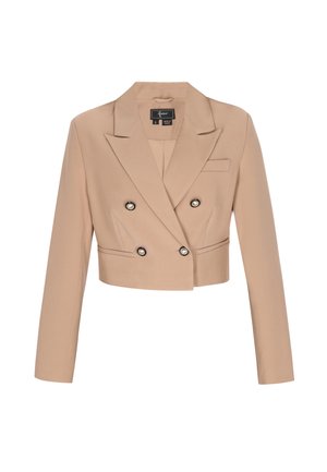 Przycięta beżowa marynarka dwurzędowa z guzikami perłowymi obszytymi czarną lamówką, z klapami z wycięciem, długimi rękawami i kieszeniami z przodu w formie wsuwek.