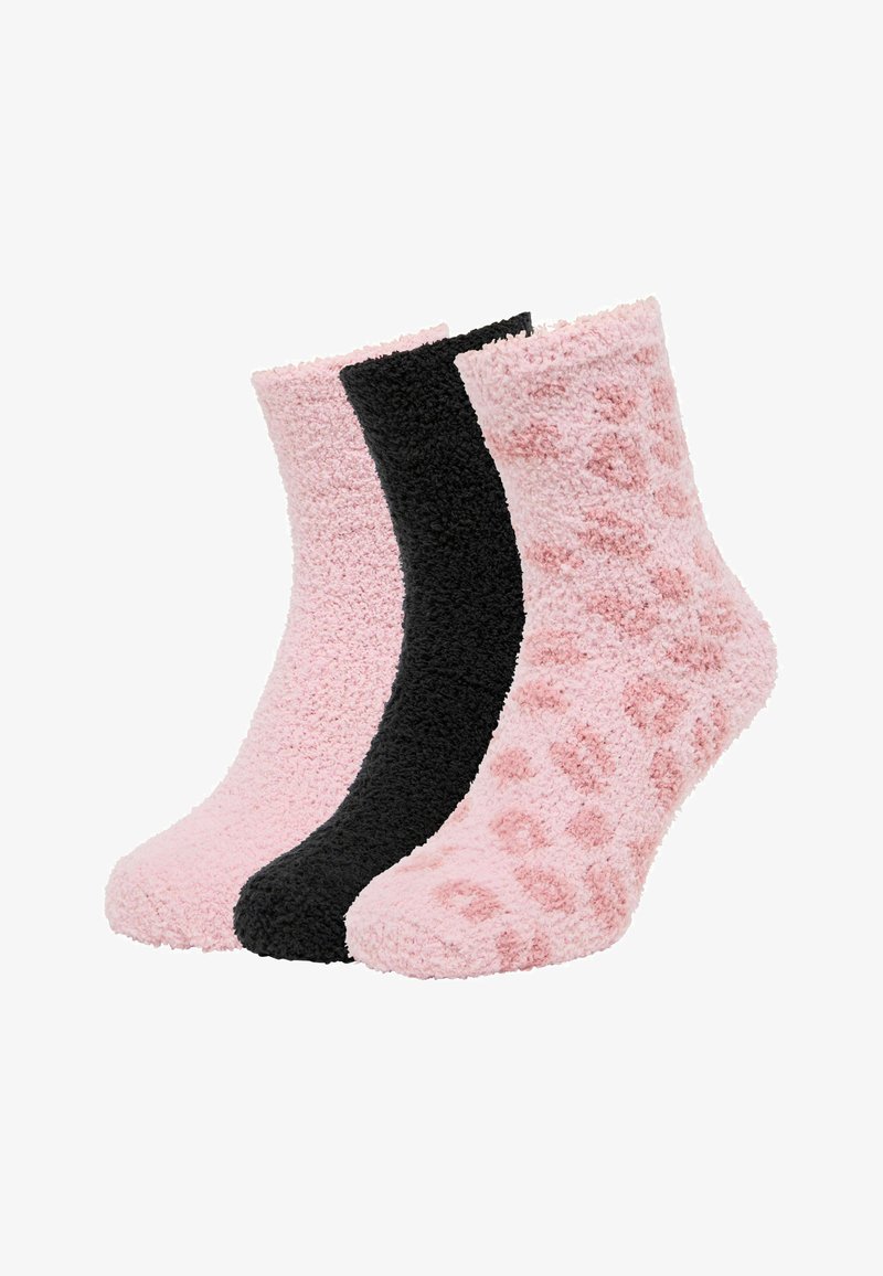 Drei Paare von kuscheligen Socken in Rosa und Schwarz. Einfarbig schwarz, einfarbig hellrosa und hellrosa mit einem dezenten Leopardenmuster. Weicher Stoff.