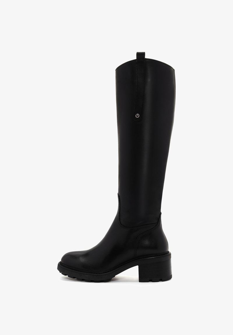 Black knee-high boot made of smooth leather, featuring a block heel, rounded toe, and a rear pull tab for ease of wear.
