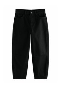 Pantaloni in denim nero con una vestibilità ampia, dotati di tasche frontali, chiusura a bottone e dettagli di cucitura discreti. Tessuto liscio e gambe affusolate.