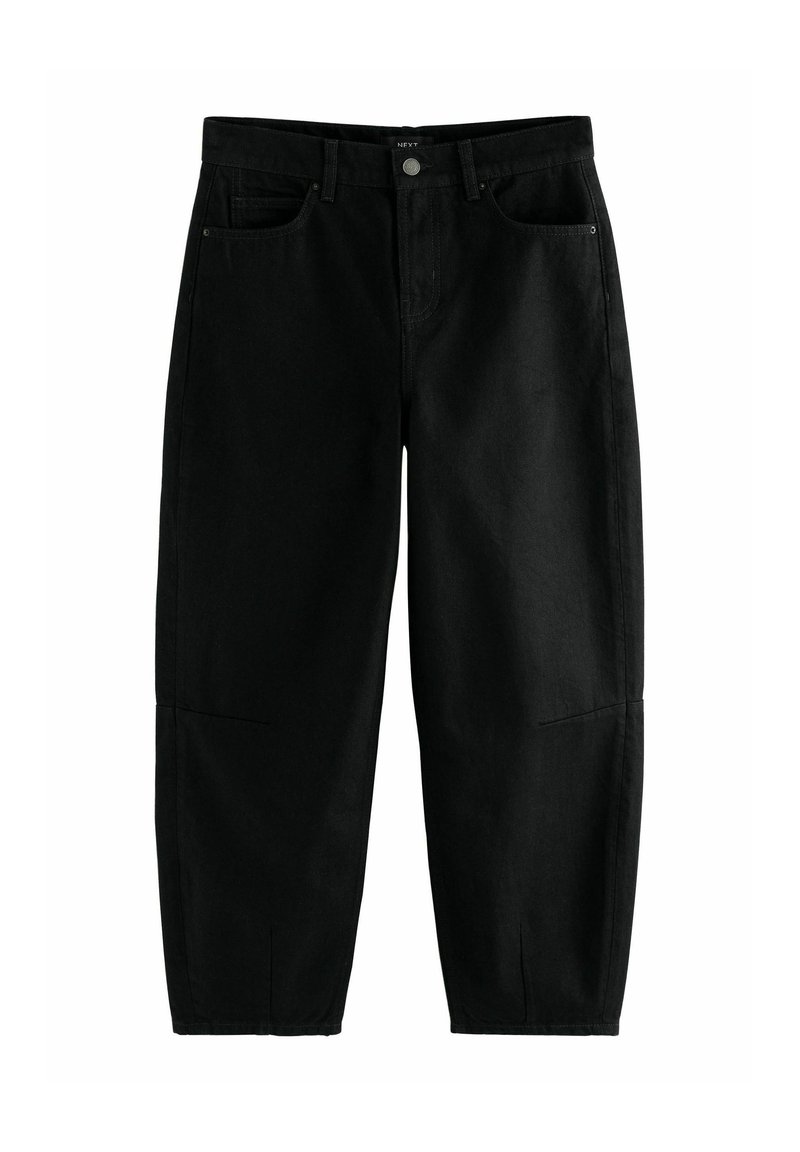 Pantaloni in denim nero con una vestibilità ampia, dotati di tasche frontali, chiusura a bottone e dettagli di cucitura discreti. Tessuto liscio e gambe affusolate.