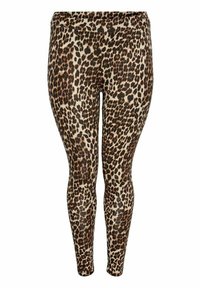 Leggings s uzorkom leoparda od glatkog, elastičnog materijala, sa svijetlosmešavom pozadinom i tamnosmešim mrljama.