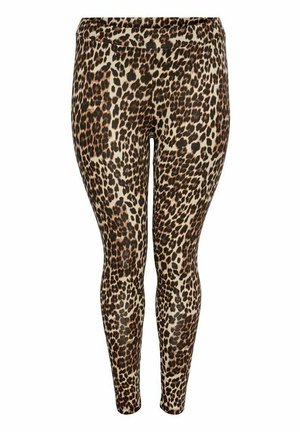 Leopard print leggings featuring a smooth, elastic fabric, with a light beige background and dark brown spots throughout.