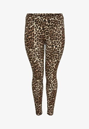 Leggings de estampado de leopardo com um tecido suave e elástico, com um fundo bege claro e manchas castanhas escuras por toda a parte.