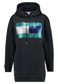 Czarna bluza z kapturem z cekinowym wzorem w zielone, niebieskie i srebrne paski na klatce piersiowej. Regulowany sznur na dekolcie.