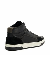 Black leather and suede high-top sneaker with round toe, contrasting gray accents, white sole, and textured fabric details.
