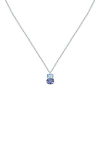 Collana d'argento con due gemme ovali: una pietra topazio azzurro chiaro sopra una pietra blu scuro, incastonate in una custodia d'argento minimalista.