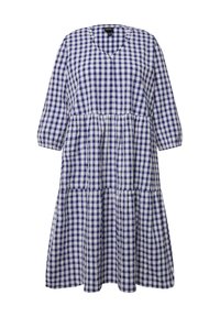 Blau-weiße karierte Kleid mit Dreiviertelärmeln, V-Ausschnitt, gestuftem Design und weichem Stoffeindruck.