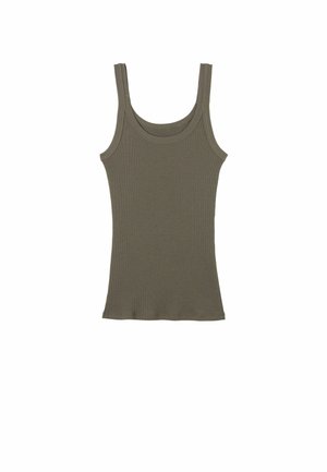 Olijfgroen geribbeld tanktop met een ronde hals en dunne banden, strakke pasvorm en een rechte zoom. Zachte katoenmix.
