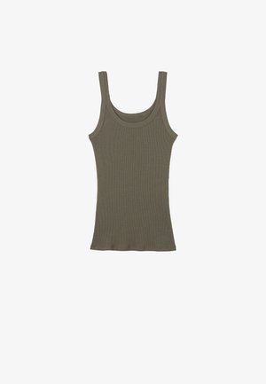 Oliwkowa, prążkowana bluzka na ramiączkach z okrągłym dekoltem, dopasowany fason i prosta podstawa. Wykonana z miękkiej mieszanki bawełny.