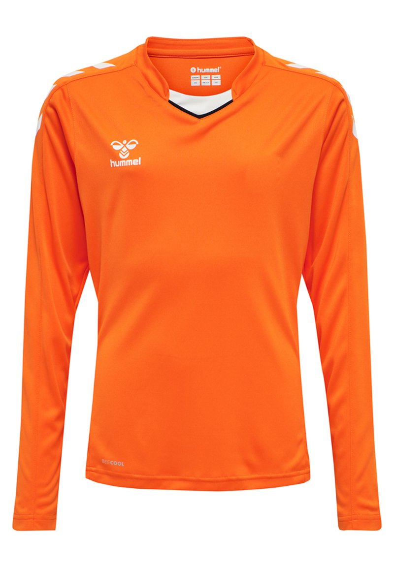Langärmliges oranges Sporttrikot aus leichtem Material, mit V-Ausschnitt, schwarzen Akzenten und weißen Logodetails an den Schultern.