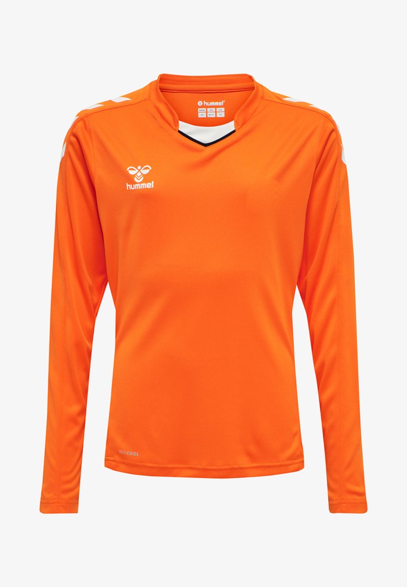 Langärmliges oranges Sporttrikot aus leichtem Material, mit V-Ausschnitt, schwarzen Akzenten und weißen Logodetails an den Schultern.