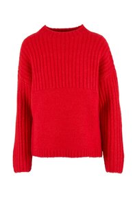 Czerwony sweter wełniany o prążkowanej teksturze, z okrągłym dekoltem i długimi rękawami. Kwadratowy fason z kontrastowymi prążkowanymi sekcjami.