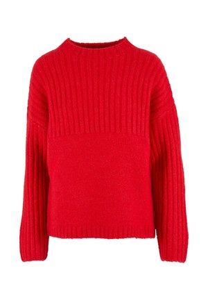 Czerwony sweter wełniany o prążkowanej teksturze, z okrągłym dekoltem i długimi rękawami. Kwadratowy fason z kontrastowymi prążkowanymi sekcjami.