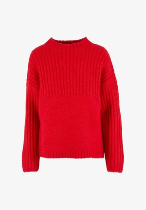 Czerwony sweter wełniany o prążkowanej teksturze, z okrągłym dekoltem i długimi rękawami. Kwadratowy fason z kontrastowymi prążkowanymi sekcjami.