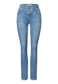 Vaqueros de mezclilla azul claro con ajuste slim, cintura alta y dos bolsillos frontales. Presenta cierre de doble botón y un leve desvanecimiento.