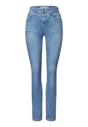 Jeans in denim azzurro chiaro con vestibilità slim, vita alta e due tasche frontali. Presentano una chiusura a doppi bottoni e un leggero effetto sbiadito.