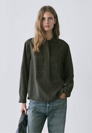 Massimo Dutti PINTUCK WITH STAND COLLAR - Button-down blouse - dark green