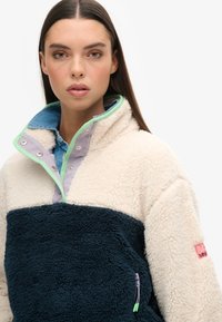 Polarowy pulower w kremowych i granatowych sekcjach, z wysokim kołnierzem, zatrzaskami i kontrastującym zielonym obszyciem. Charakterystyczny detal w postaci zamka błyskawicznego.