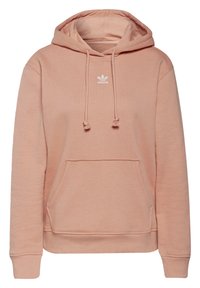 Rosa fleece-hoodie med kenguruficka, dragsko i huvan och en vit broderad logotyp på bröstet. Mjuk textur och avslappnad passform.