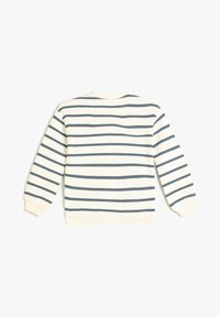 Felpa crema con strisce orizzontali blu navy. Collo, polsini e orlo a costine. Tessuto morbido con vestibilità rilassata e maniche lunghe.