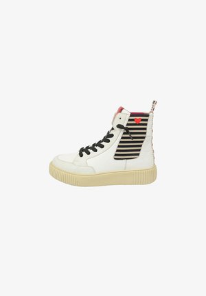 High-top sneakers with a white leather exterior, black striped accents, contrasting red heel, and a textured rubber sole. Black laces.
