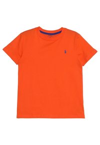 Orange bomull t-shirt med kort ärm, rund hals och en blå broderad logotyp på bröstet. Slät textur och klassisk passform.