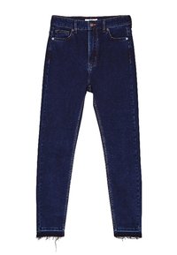 Tummansiniset farkku skinny jeansit, joissa on korkea vyötärö, viiden taskun malli ja raakareunan yksityiskohta nilkoissa. Kestävä kangas, slim fit.