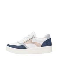 Weiße und dunkelblaue Sneaker mit einem strukturierten Blau- und Graudesign, seitlichem Reißverschluss, runder Zehenpartie und einer erhöhten weißen Sohle.