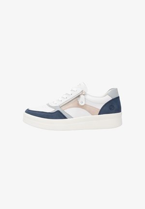 White and navy sneaker with a textured blue and gray design, featuring a side zipper, round toe, and a raised white sole.