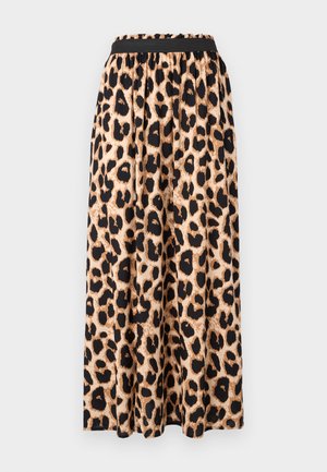 Fustă maxi cu imprimeu de leopard, cu un tiv elastic negru, având un material uniform, fluid și o siluetă evazată.